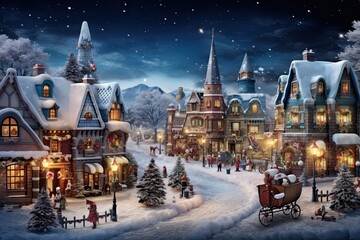 Wall Mural - Christmas village with houses in the snow at night. 3d rendering, AI Generated