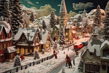 Wall Mural - Snow covered Christmas town with Santa Claus in the background. Santa Claus and his helpers, AI Generated