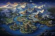 Fantasy alien planet. Mountain and lake. 3D illustration, AI Generated