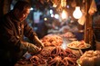 A market trader in China cleans fresh octopuses surrounded by market activity.