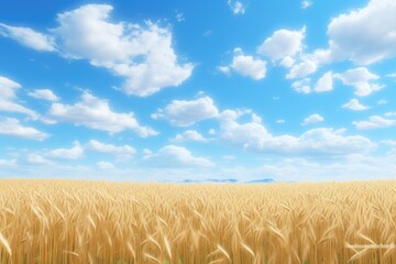 Sticker - Wheat field and blue sky with clouds. 3D illustration, A dreamy endless wheat field under a baby blue sky with fluffy white clouds, AI Generated