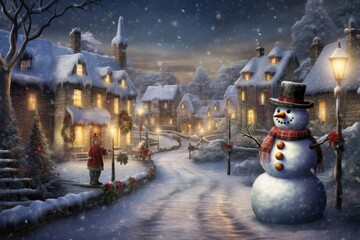 Sticker - Snowman in the village at night. Winter landscape. 3D illustration, A snowy village with twinkling fairy lights and snowmen wearing scarves, AI Generated