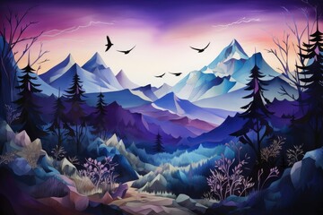 Wall Mural - Fantasy landscape with mountains, trees and birds. Digital painting, A whimsical mountain landscape featuring purple mountains, evergreen trees, and grinning wildlife, AI Generated