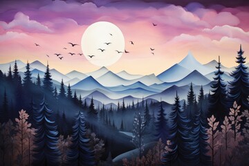 Canvas Print - Fantasy landscape with mountains, forest and birds. Digital painting, A whimsical mountain landscape featuring purple mountains, evergreen trees, and grinning wildlife, AI Generated