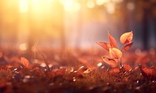 Photo Of Scattered Autumn Leaves With Bokeh Light Behind Them. Generative AI