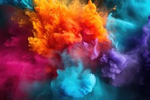 Colorful Abstract Powder Explosion On Black Background. Colorful Cloud Of Smoke, Colored Powder Explosion, Abstract Close-up Dust On The Backdrop, AI Generated