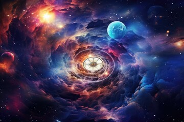 abstract space background with compass and planets in deep space. universe, colorful abstract backgr
