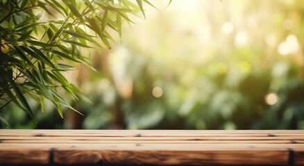 Wall Mural - background view of a bamboo forest with a bamboo wooden table in front, can be used for product presentations, posters and others. generative AI