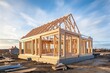 Construction of a new house with wooden roof trusses and rafters, Construction of a new house with a wooden frame, AI Generated