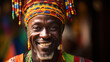 © PaulShlykov - Closeup shot of happy young african man in tribal shirt looking away and smiling, portrait of positive black bearded guy in traditional african costume, selective focus with free space