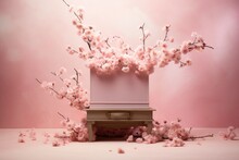 Cherry Blossom In Vase On Black Background With Water Drops, Cosmetic Pedestal, A Pink Podium With Sakura Petals, AI Generated