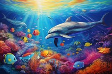 Dolphin Swimming In The Ocean. Illustration Of The Underwater World, Dolphin With A Group Of Colorful Fish And Sea Animals With Vibrant Coral Underwater In The Ocean, AI Generated