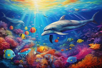 Dolphin swimming in the ocean. Illustration of the underwater world, Dolphin with a group of colorful fish and sea animals with vibrant coral underwater in the ocean, AI Generated