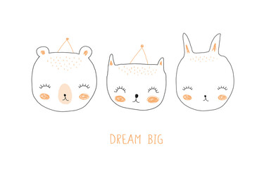 Wall Mural - dream big. cute hand drawn funny rabbit, sweet kitty and teddy bear vector illustration. lovely nurs