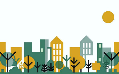 Minimalistic color design of a city, white background , minimalist colored, abstract two toned background of trees and bushes, and grass and sun, generative ai