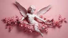 Cupid Flying Overhead Shooting His Arrow On Pink Background.