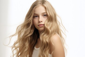  Portrait of young blonde girl with long blonde hair with flowing hair