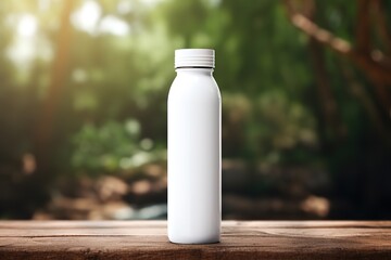 An empty white plastic bottle on a background of trees with a blur effect