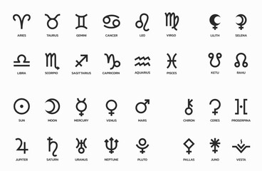 astrology symbol set. zodiac signs, planet, asteroid and lunar symbols. horoscope and astronomy icon