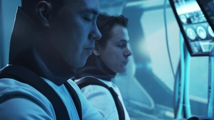 Wall Mural - Team of astronauts in a space suits aboard the orbital station. A crew of cosmonauts piloting the spaceship in space. Galactic travel and science.