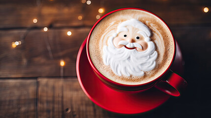Wall Mural - Christmas coffee cup with milk foam Santa Claus. Christmas latte art. Cozy atmosphere. Holiday background with copy space. Christmas and New Year cappuccino coffee.