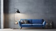 A 3d rendering shows the contemporary living room interior with a blueprint home decor theme. blue sofa, black lamp, white flooring, and dark blueprint wall.