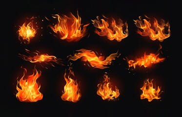 Wall Mural - Illustration of various shapes of fire on black background.