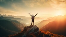 Happy Man, Arms Up, On The Top Of The Mountain, Copy Space, 16:9