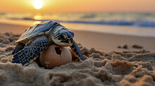 Green Sea Turtle Coming Out Of Egg Shell On The Beach At Sunset. 
