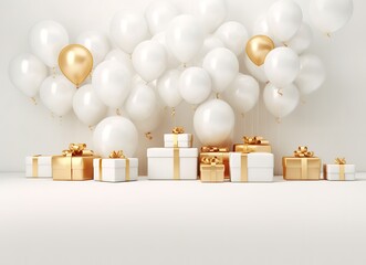 A collection of white gifts with a gold ribbon decorated with balloons on top