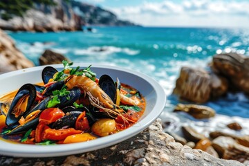 Wall Mural - France, Provencal Culinary: Bouillabaisse, the Traditional Fish Stew - A Flavorful Dance of Seafood, Tomatoes, Herbs, and Spices, Crafted with Love in the Heart of Provençal Culinary Tradition