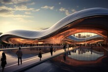 : An Expansive Shot Of A High-speed Train Station, Capturing The Energy And Movement In The Convergence Of Modern Transportation And Architecture