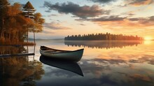 A Peaceful Sunset Scene On A Calm Lake With Reflections And A Rowing Boat