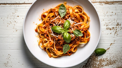 Wall Mural - Top view of savory spaghetti bolognese elegantly presented on a dark background