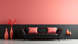 Habitación con decoración minimalista de color rosa y un sofá de color negro