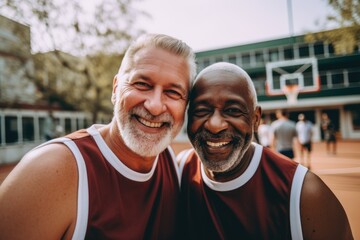 Poster - Portrait of a smiling senior basketball team outside