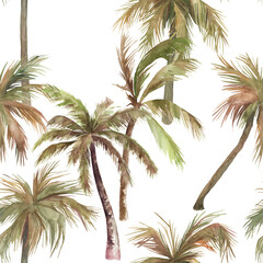 Tropical pattern with  palm trees. Watercolor seamless print. Jungle summer  background