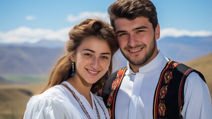 Young Armenian couple in traditional attire, radiating joy and love against a scenic backdrop