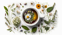 Tea With Herbs And Flowers In A Cup Top View. Generative AI,