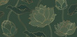 Golden lotus green background vector. Tropical flower design, Lotus leaves line arts for wallpape, packaging, covers, vector illustration.