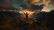 © CreativeVista - Woman With Backpack Standing on Mountain Overlook at Sunset, Arms Raised in Celebration Amid Majestic Autumn Landscape and Dramatic Sky