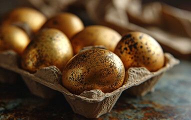 Golden eggs nestled in a rustic carton, bringing a touch of glamour to the organic simplicity of farm fresh produce.