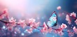 Beautiful blooming cherry blossoms with fluttering butterflies