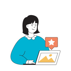 Poster - Marketing and development concept with cartoon people in flat design for web. Woman making new promo post with product presentation. Vector illustration for social media banner, marketing material.