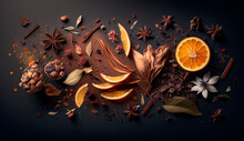 Tea Leaves Dried Berries And Dried Fruits, Orange Peel, Cinnamon, Star Anise. Generative AI,