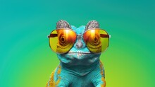 Chameleon Wearing Sunglasses On A Solid Color Background, Vector Art, Digital Art, Faceted, Minimal, Abstract.

