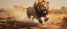 Young Lion Running Away With Buffalo Leg.