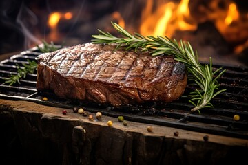 steak grilled over a flame seasoned with rosemary leaves. generative AI