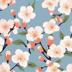 Wall Mural - Seamless pattern with blooming peach flowers on a blue background