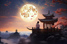 Asian Woman And Japanese Temple On The Hill With Moon Background